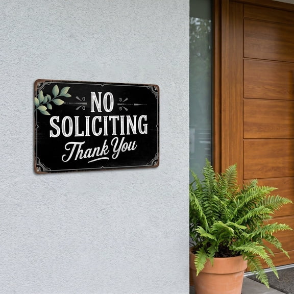No Soliciting Metal Wall Sign Entry Decor, Rustproof Tin Plaque with Clear White Lettering on Black, Office Door Display for Homeowners and Privacy Seekers Gift