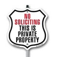 thumbnail image 1 of No Soliciting This Is Private Property 12 inch X 12 inch Shield Shaped Rust-Free Aluminum Metal Sign with Aluminum Mounting Stake Weather Resistant Made in the USA, 1 of 8