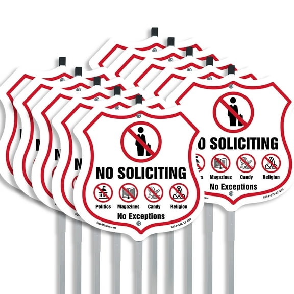 No Soliciting Shield Sign No Politics Magazines Candy Religion No Exceptions (10 Pack) 12 inch X 12 inch Shield Shaped Rust-Free Aluminum Metal Signs with Aluminum Mounting Stakes