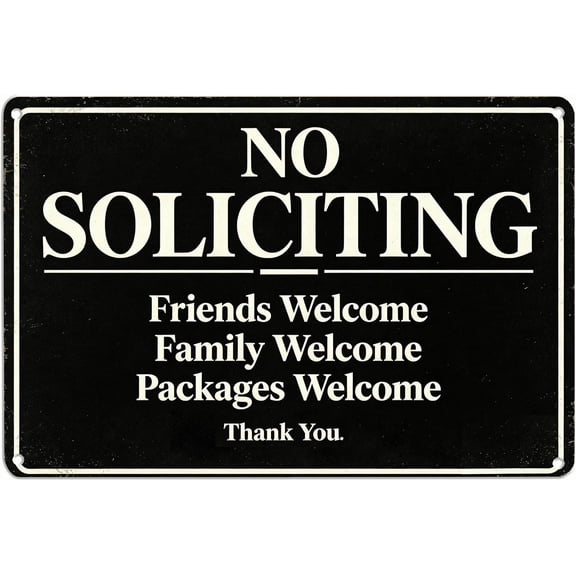 No Soliciting Sign for Front Door, Polite No Soliciting Door Sign with Welcome Message, Metal Yard or Porch Sign 8x12 Inch for House, Home Entrance or Office