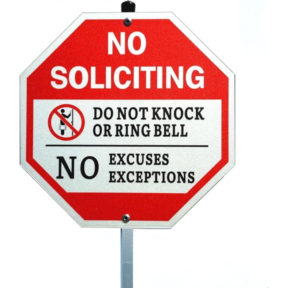 No Soliciting Sign for House - 10x10 Inch, 40 Mil Rustproof Aluminum, Weatherproof, Reflective, with 28-Inch Stake - Do Not Knock or Ring Doorbell Sign for Front Door and Property Protection