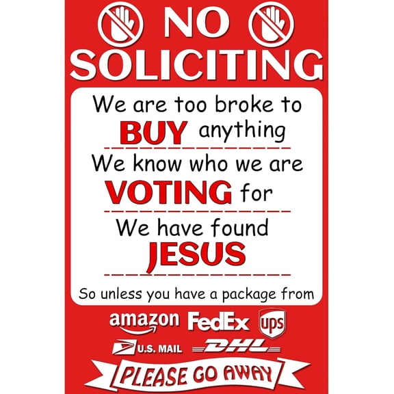No Soliciting Sign for House Front Door - "We're Voting for Jesus" Funny Metal Sign for Home,Effortlessly Shoo Away Unwelcome Visitors,Humorous Decorative Signs and Gifts 8x12inch