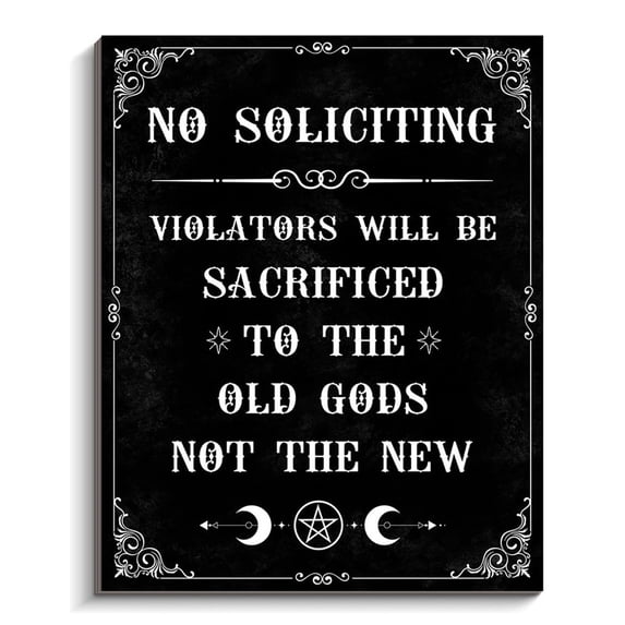 No Soliciting Sign - "Violators Will Be Sacrificed To The Old Gods" Wooden Door Sign, Funny Black Gothic Decor Halloween Decoration Outdoor Decor, 8x10 inch