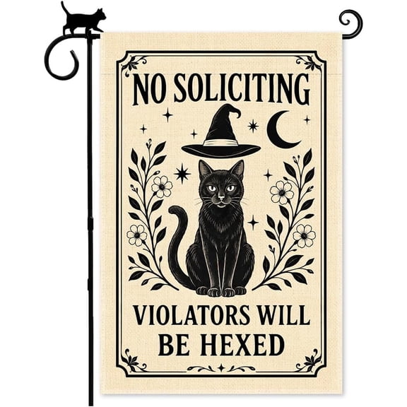 No Soliciting Violators Will Be Hexed Witchy Black Cat Garden Flag | Double Sided Funny Witch Banner, Gothic Halloween Outdoor Decor Gifts for Front Porch, Go Away Flag No Solicitors Sign