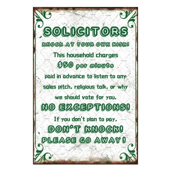 Solicitors Knock at Your Own Risk Metal Tin Signs Funny Tin Signs No Soliciting Signs Porch Decor Tin Poster Own Risk Tin Plaque Home Decor Wall Art Size: 8 x 12 inch