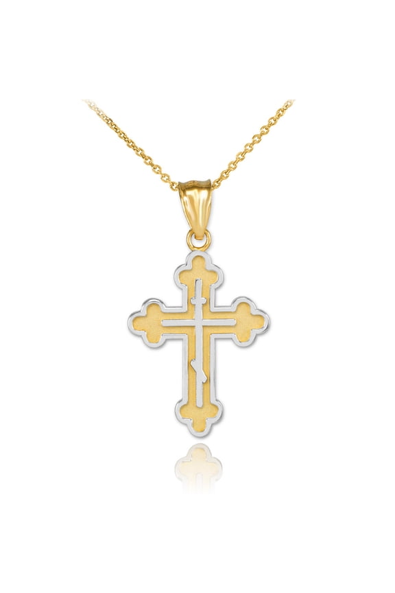 Solid 10K/14K Gold Orthodox Cross Necklace (14K Two-tone Yellow Gold, Pendant)