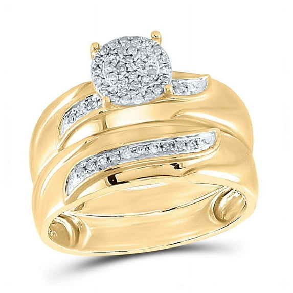 Solid 10K Two Tone Yellow Gold His and Hers Real Natural Diamond Trio Three Rings Set Cluster Matching Rings Wedding Band Set 1/5 Carat - ( .20 Cttw ) - Ladies Size 7.5 - Mens Size 11.5