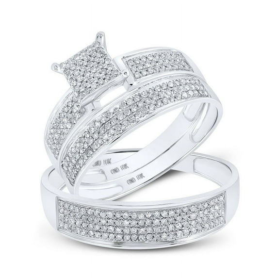 Solid 10K White Gold His and Hers Real Natural Diamond Trio Three Rings Set Cluster Matching Rings Wedding Band Set 1/2 Carat - ( .53 Cttw ) - Ladies Size 6 - Mens Size 11.5