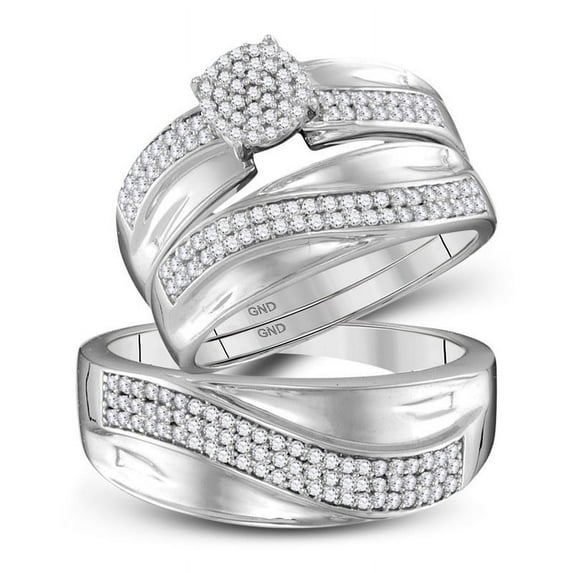 Solid 10K White Gold His and Hers Real Natural Diamond Trio Three Rings Set Cluster Matching Rings Wedding Band Set 1/2 Carat - ( .55 Cttw ) - Ladies Size 8.5 - Mens Size 8