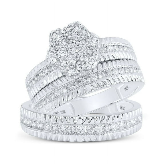 Solid 10K White Gold His and Hers Real Natural Diamond Trio Three Rings Set Cluster Matching Rings Wedding Band Set 1 Carat - ( 1.15 Cttw ) - Ladies Size 8 - Mens Size 8