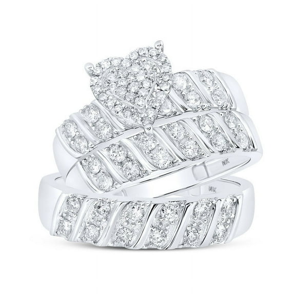 Solid 10K White Gold His and Hers Real Natural Diamond Trio Three Rings Set Heart Matching Rings Wedding Band Set 1 Carat - ( .99 Cttw ) - Ladies Size 6.5 - Mens Size 9