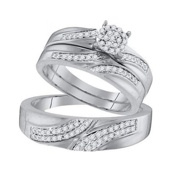 Solid 10K White Gold His and Hers Trio Three Rings Set Real Natural Diamond Cluster Matching Rings Wedding Band Set 1/2 Carat ( .45 Cttw ) - (L = 7, M = 11.5)
