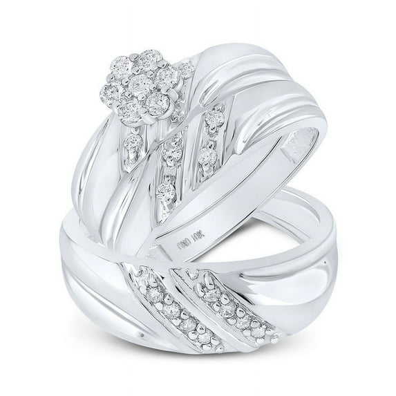 Solid 10K White Gold His and Hers Trio Three Rings Set Real Natural Diamond Cluster Matching Rings Wedding Band Set 3/8 Carat ( .44 Cttw ) - (L = 5.5, M = 8)