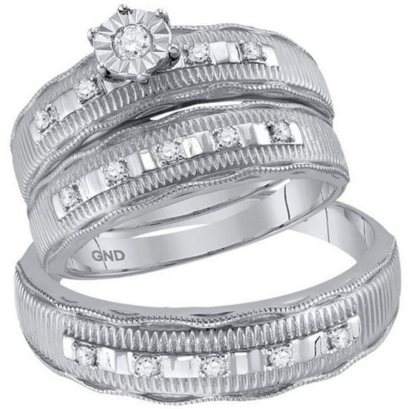 Solid 10K White Gold His and Hers Trio Three Rings Set Real Natural Diamond Solitaire Matching Rings Wedding Band Set 1/4 Carat ( .25 Cttw ) - (L = 8, M = 8)