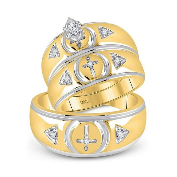 Solid 10K Yellow Gold His and Hers Marquise Real Natural Diamond Trio Three Rings Set Cross Matching Rings Wedding Band Set 1/6 Carat - ( .16 Cttw ) - Ladies Size 6 - Mens Size 9