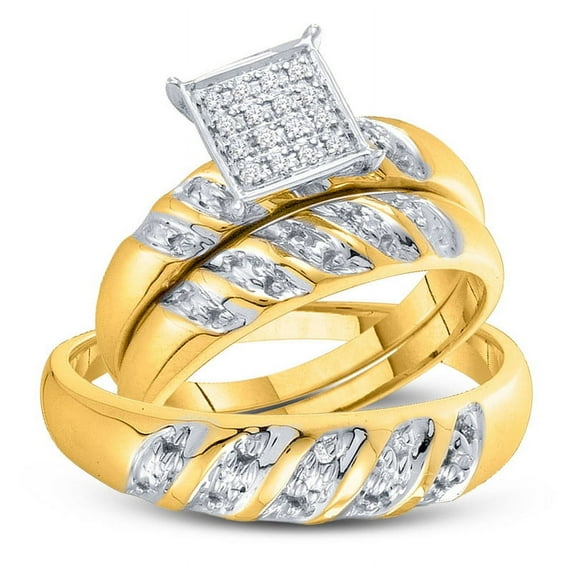 Solid 10K Yellow Gold His and Hers Real Natural Diamond Trio Three Rings Set Cluster Matching Rings Wedding Band Set 1/12 Carat - ( .08 Cttw ) - Ladies Size 8.5 - Mens Size 10