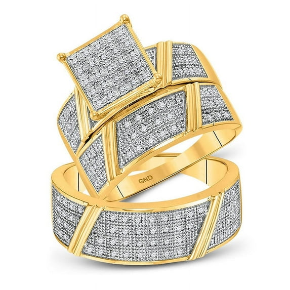 Solid 10K Yellow Gold His and Hers Real Natural Diamond Trio Three Rings Set Cluster Matching Rings Wedding Band Set 1/3 Carat - ( .36 Cttw ) - Ladies Size 6.5 - Mens Size 9