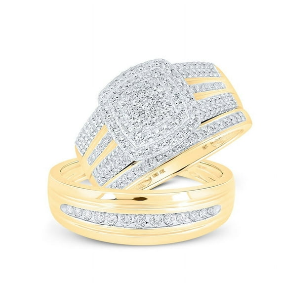 Solid 10K Yellow Gold His and Hers Real Natural Diamond Trio Three Rings Set Cluster Matching Rings Wedding Band Set 3/4 Carat - ( .74 Cttw ) - Ladies Size 5 - Mens Size 9