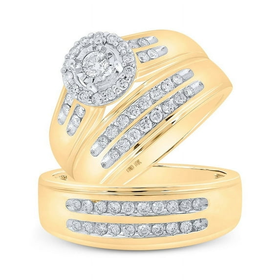 Solid 10K Yellow Gold His and Hers Real Natural Diamond Trio Three Rings Set Cluster Matching Rings Wedding Band Set 3/4 Carat - ( .75 Cttw ) - Ladies Size 9 - Mens Size 10.5