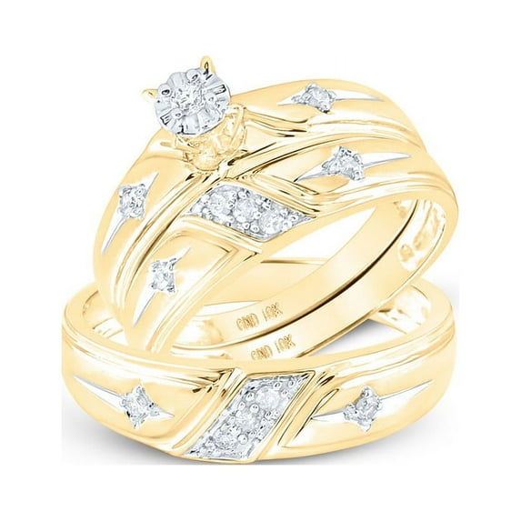 Solid 10K Yellow Gold His and Hers Real Natural Diamond Trio Three Rings Set Cross Matching Rings Wedding Band Set 1/5 Carat - ( .20 Cttw ) - Ladies Size 6.5 - Mens Size 9.5