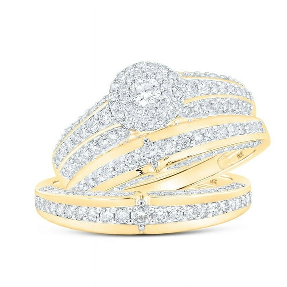 Solid 10K Yellow Gold His and Hers Real Natural Diamond Trio Three Rings Set Halo Matching Rings Wedding Band Set 1-3/4 Carat - ( 1.70 Cttw ) - Ladies Size 8 - Mens Size 11.5