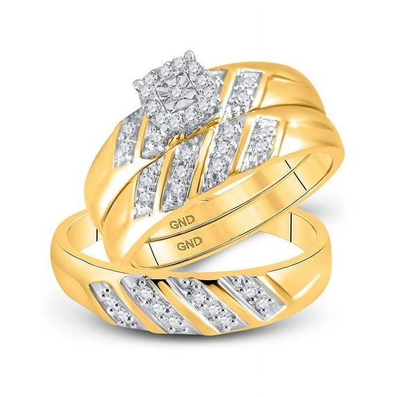 Solid 10K Yellow Gold His and Hers Real Natural Diamond Trio Three Rings Set Solitaire Matching Rings Wedding Band Set 1/4 Carat - ( .25 Cttw ) - Ladies Size 7 - Mens Size 11.5