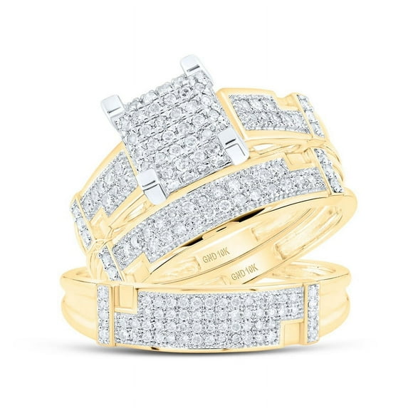 Solid 10K Yellow Gold His and Hers Real Natural Diamond Trio Three Rings Set Square Matching Rings Wedding Band Set 1/2 Carat - ( .50 Cttw ) - Ladies Size 9 - Mens Size 10.5