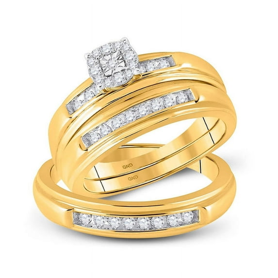 Solid 10K Yellow Gold His and Hers Real Natural Diamond Trio Three Rings Set Square Matching Rings Wedding Band Set 1/3 Carat - ( .32 Cttw ) - Ladies Size 8.5 - Mens Size 11