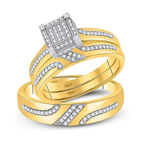 Solid 10K Yellow Gold His and Hers Real Natural Diamond Trio Three Rings Set Square Matching Rings Wedding Band Set 1/3 Carat - ( .33 Cttw ) - Ladies Size 7 - Mens Size 11