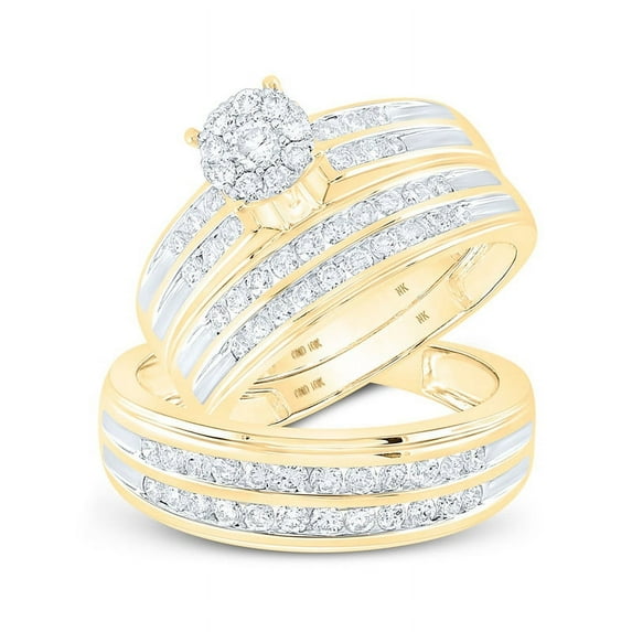 Solid 10K Yellow Gold His and Hers Trio Three Rings Set Real Natural Diamond Cluster Matching Rings Wedding Band Set 1-1/5 Carat ( 1.18 Cttw ) - (L = 9, M = 11)