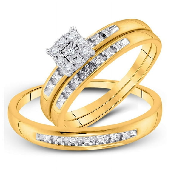 Solid 10K Yellow Gold His and Hers Trio Three Rings Set Real Natural Diamond Cluster Matching Rings Wedding Band Set 1/10 Carat ( .11 Cttw ) - (L = 5, M = 11)