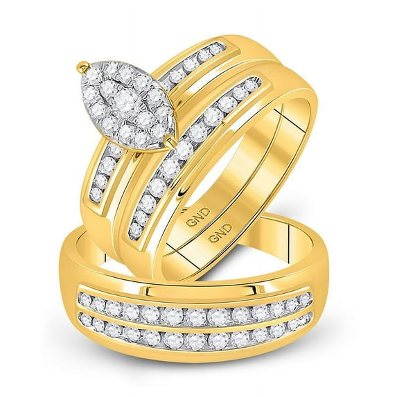 Solid 10K Yellow Gold His and Hers Trio Three Rings Set Real Natural Diamond Cluster Matching Rings Wedding Band Set 3/4 Carat ( .74 Cttw ) - (L = 9, M = 10.5)