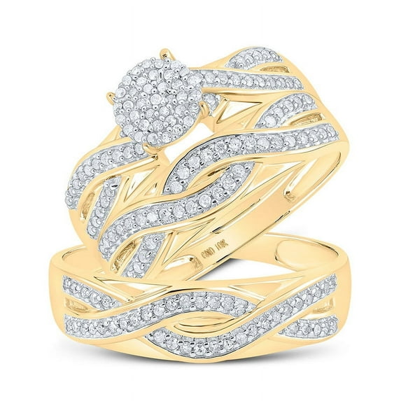 Solid 10K Yellow Gold His and Hers Trio Three Rings Set Real Natural Diamond Cluster Matching Rings Wedding Band Set 3/8 Carat ( .40 Cttw ) - (L = 6, M = 10.5)