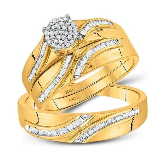 Solid 10K Yellow Gold His and Hers Trio Three Rings Set Real Natural Diamond Cluster Matching Rings Wedding Band Set 3/8 Carat ( .40 Cttw ) - (L = 7, M = 11)