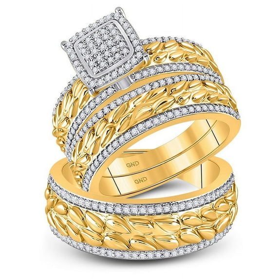 Solid 10K Yellow Gold His and Hers Trio Three Rings Set Real Natural Diamond Cluster Matching Rings Wedding Band Set 5/8 Carat ( .60 Cttw ) - (L = 8.5, M = 10.5)