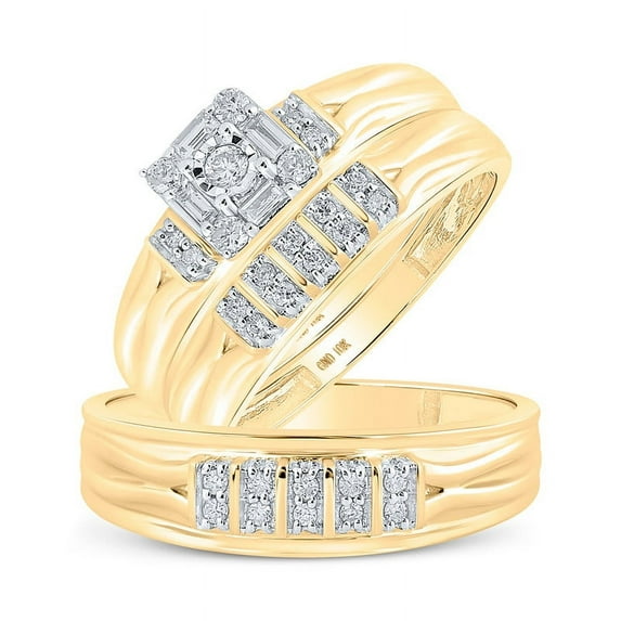 Solid 10K Yellow Gold His and Hers Trio Three Rings Set Real Natural Diamond Square Matching Rings Wedding Band Set 1/3 Carat ( .34 Cttw ) - (L = 6.5, M = 11)