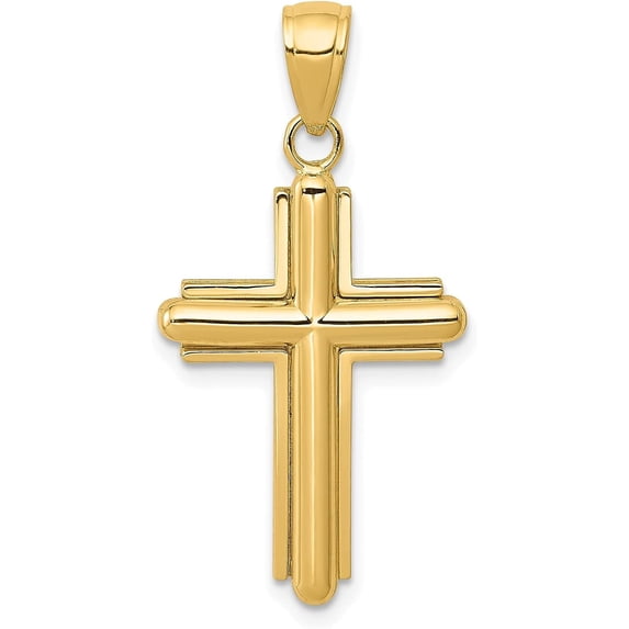 Solid 10K Yellow Gold Polished Beveled Stick Cross W/Frame Pendant - 33mm
