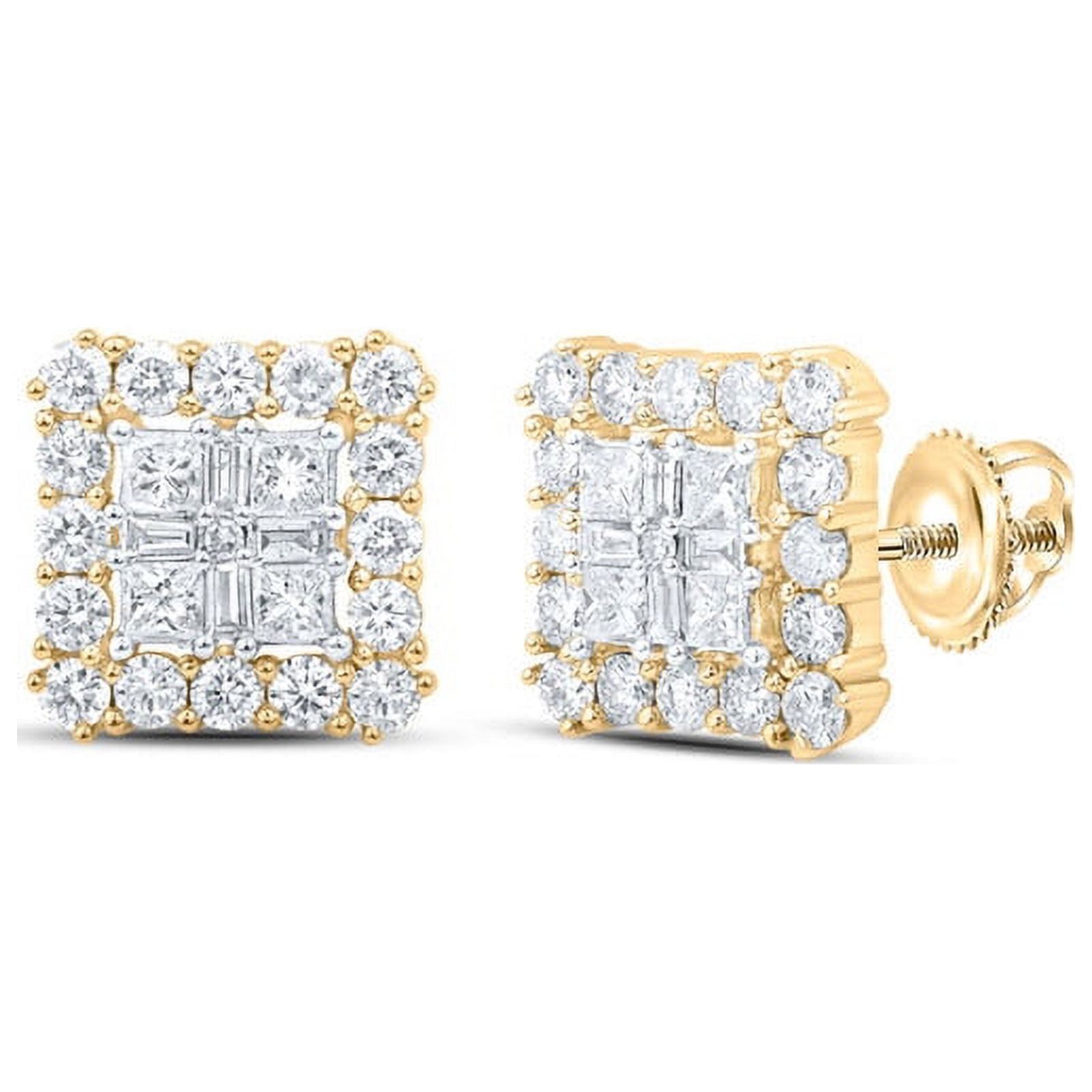 Solid 10K Yellow Gold Real Natural Diamond Square Stud Earrings for ...