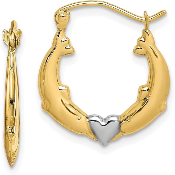 Solid 10K Yellow Gold and Rhodium Dolphin Heart Hollow Hoop Earrings - 19mm