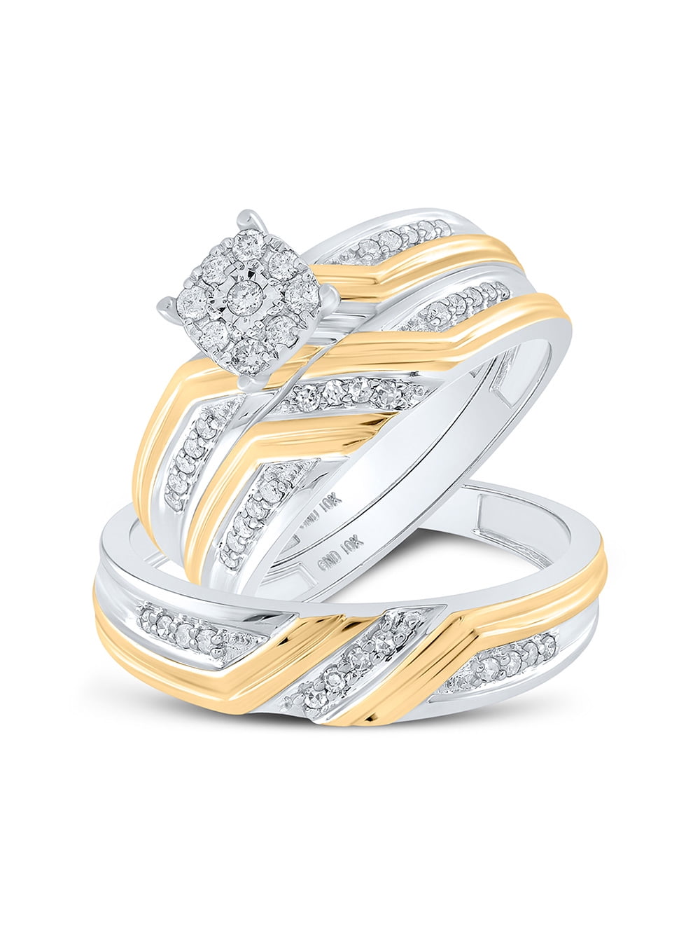 Solid 10k Two Tone White and Yellow Gold His and Hers Round Diamond Cluster  Matching Couple Three Rings Bridal Engagement Ring Wedding Bands Set 1/3  Ct. - (L = 9, M = 9.5)