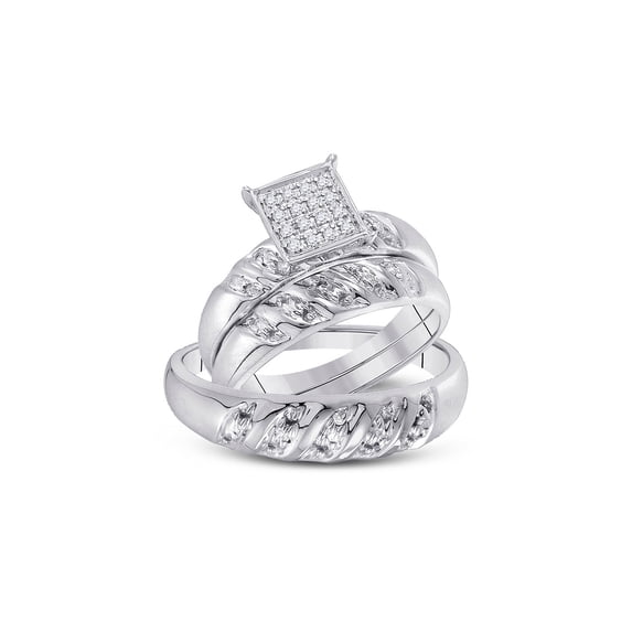 Solid 10k White Gold His and Hers Round Diamond Cluster Matching Couple Three Rings Bridal Engagement Ring Wedding Bands Set 1/12 Ct. - (L = 7, M = 11.5)