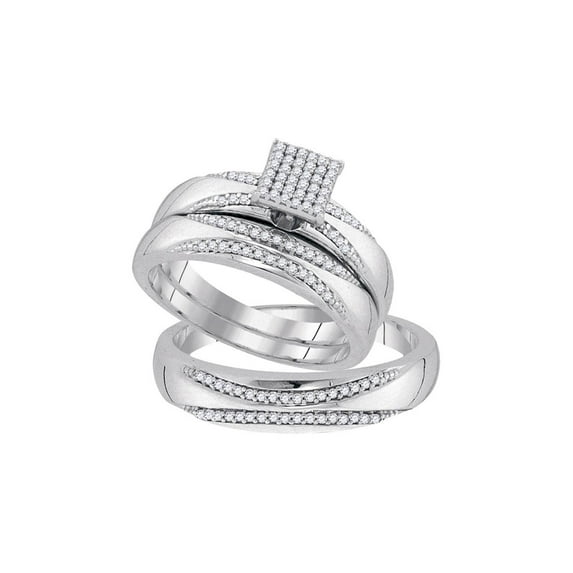 Solid 10k White Gold His and Hers Round Diamond Square Cluster Matching Couple Three Rings Bridal Engagement Ring Wedding Bands Set 1/3 Ct. - (L = 6.5, M = 11)