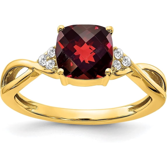 Solid 10k Yellow Gold Checkerboard Garnet and Diamond Ring - Ring Size 7.0