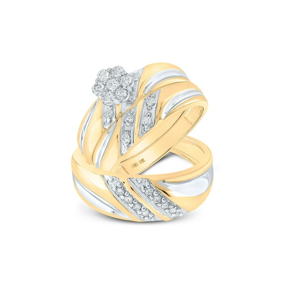 Solid 10k Yellow Gold His and Hers Round Diamond Cluster Matching Couple Three Rings Bridal Engagement Ring Wedding Bands Set 3/8 Ct. - (L = 5.5, M = 10)