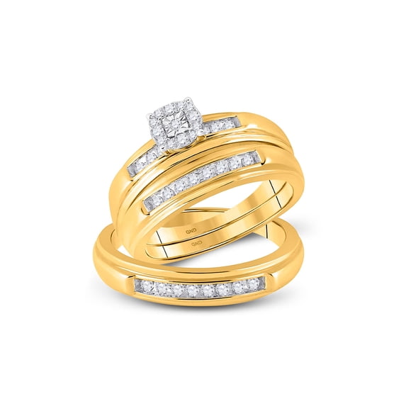 Solid 10k Yellow Gold His and Hers Round Diamond Square Matching Couple Three Rings Bridal Engagement Ring Wedding Bands Set 1/3 Ct. - (L = 6.5, M = 8.5)