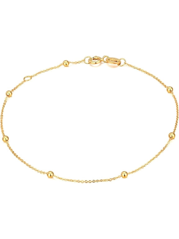 Solid 14K, 18K Gold Bracelets for Women, Real Gold Bead Thin Chain Bracelet