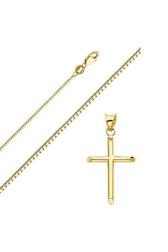 Solid 14K Fine Gold Box Chain Cross Pendant Necklace - Choose Chain Length and Width (16.0, Box Chain - 1.0mm)