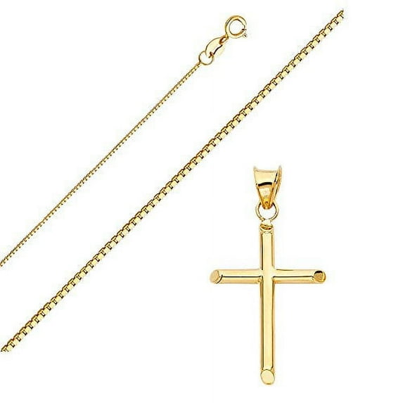 Solid 14K Fine Gold Box Chain Cross Pendant Necklace - Choose Chain Length and Width (20.0, Box Chain - 0.8mm)