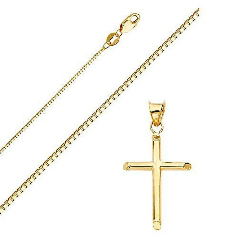 Solid 14K Gold Box Chain Cross Pendant Necklace Choose Chain