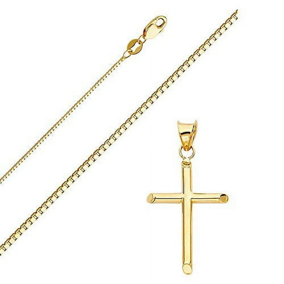 Solid 14K Gold Box Chain Cross Pendant Necklace - Choose Chain Length and Width (18.0, Box Chain - 1.0mm)